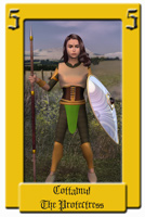 Armed with spear and shield a young warrior woman stands in the midsts of verdant fields.