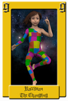 The youngest god, racciman, floats before a sea of stars, in a skintight suit of brightly colored patchwork.  there is a gleam in her eye, and she has clearly come up with yet another idea to try out on her unsuspecting subjects.